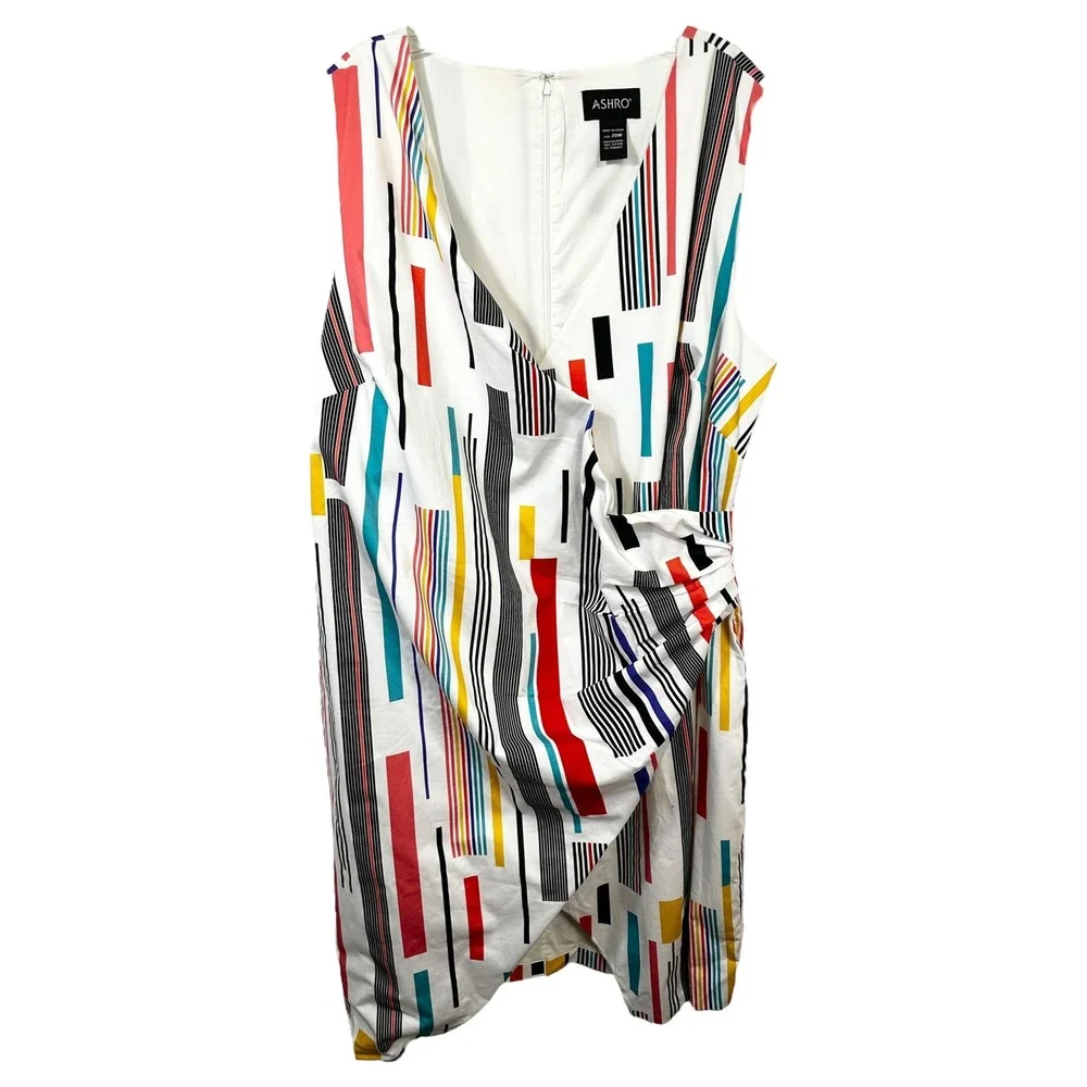 ASHRO Plus Size 20W Dress Sleeveless Colorful Striped‎ Sheath White Career 1683